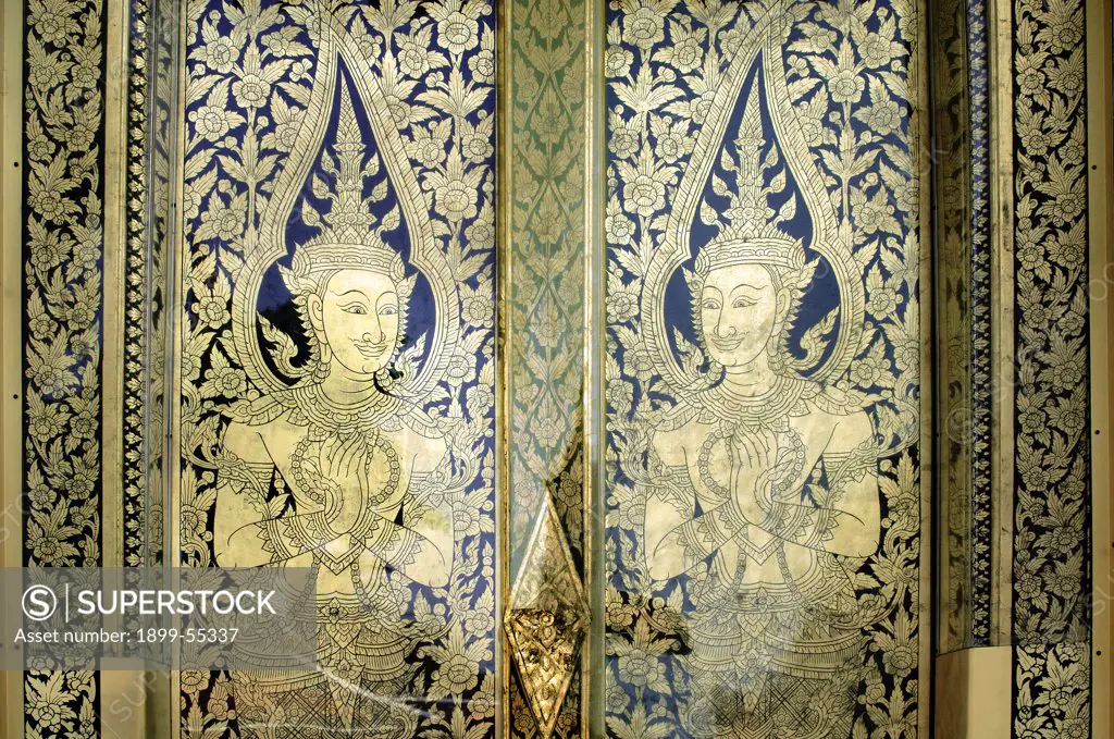 Decorative Door Panels With Traditional Thai Art At Wat Phra Temple Bangkok, Thailand
