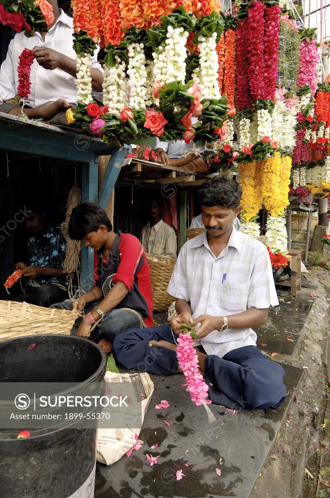 Colorful Garlands And Flowers For Sale, Bombay Mumbai, Maharashtra, India