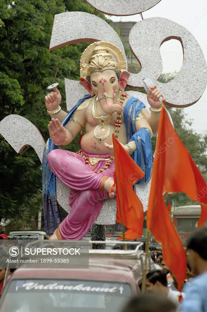Elephant Headed God Ganesha Ganapati Idol Procession At Parel, Ganesh Festival, Bombay Mumbai, Maharashtra, India