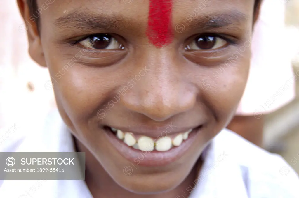 Indian Boy With Red Kumkum Tika At Salunkwadi Ambajogai Beed, Maharashtra, India