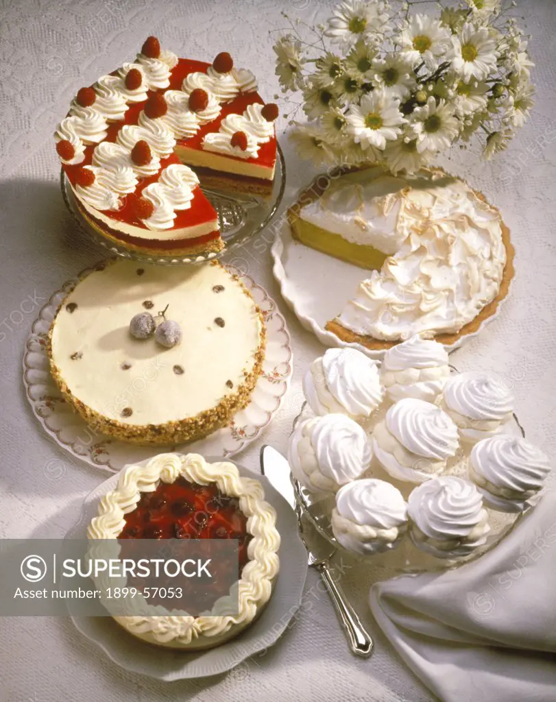 Assorted Desserts: Cream Puffs, Cherry Cheese Cake, Lemon Meringue Pie