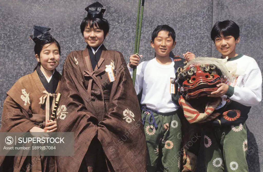 Japan, Takayama. Four Children In Traditional Festival Dress
