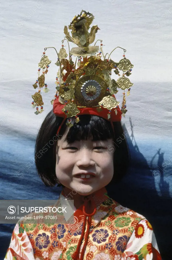 Japan, Takayama. Portrait Of Little Girl In Traditional Festival Dress