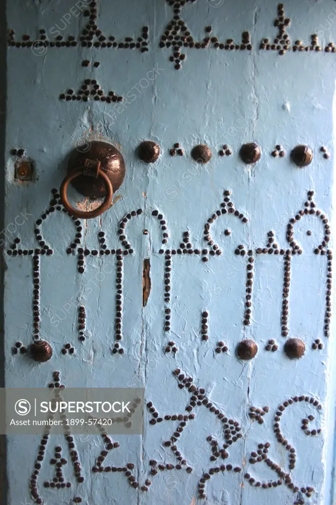 Tunisia, Traditional Blue Door With Nailhead Symbol Design