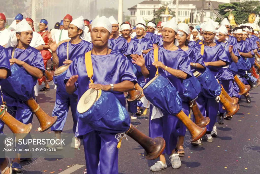Thailand. Bangkok. Songkran Parade. Drummers In Blue Costumes.