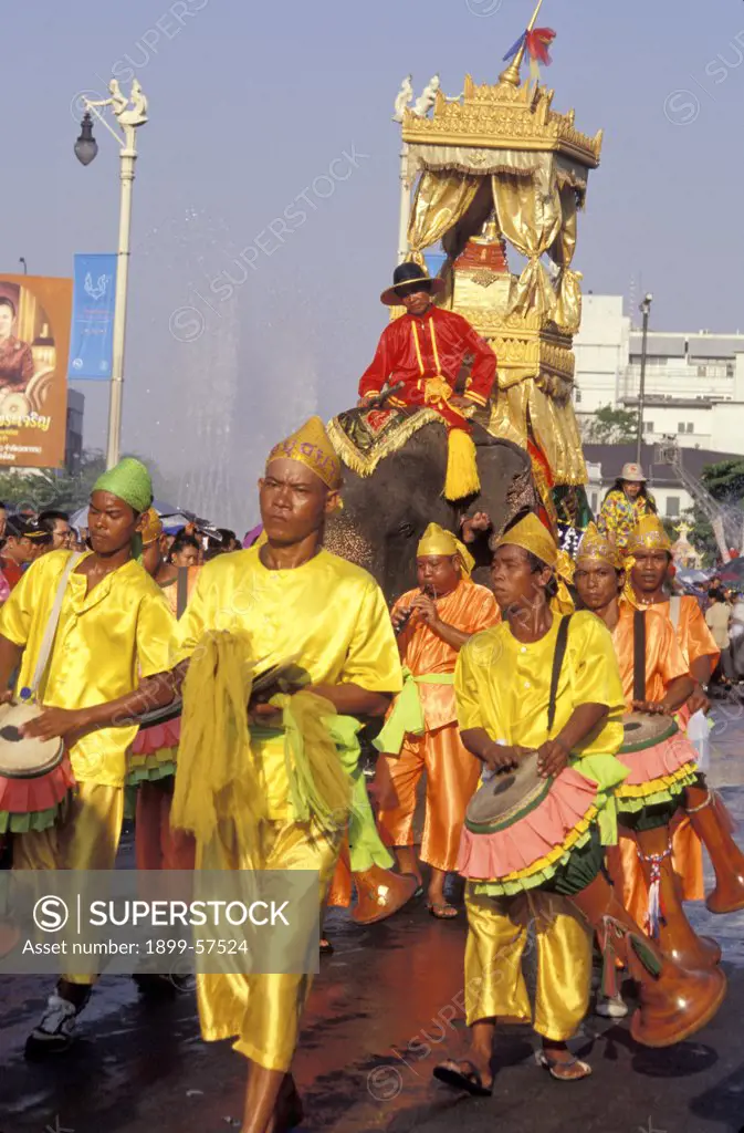 Thailand. Bangkok. Songkran Parade. Drummers In Gold Costumes.
