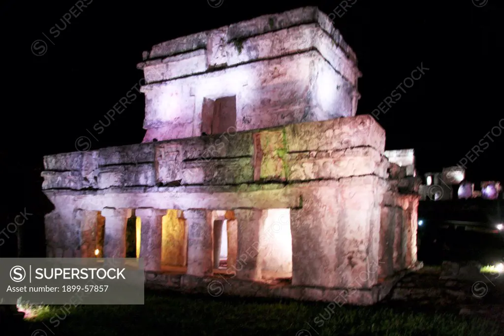 Mayan Ruins Of Tulum At Night. Mexico