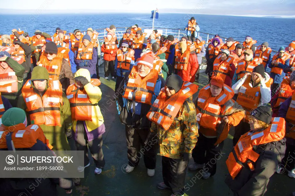 Cruise North Expedition Passengers On Lifeboat Drill Northwest Passage, Nunavut, Arctic Canada
