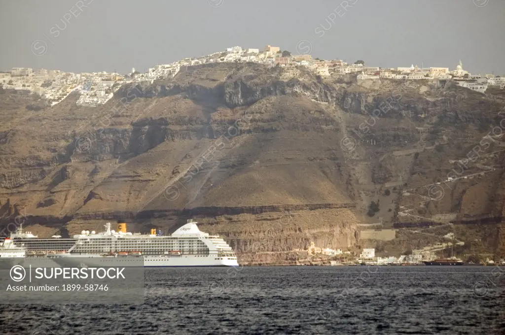 Greece, Santorini, Cruise Ships Off Fira Town