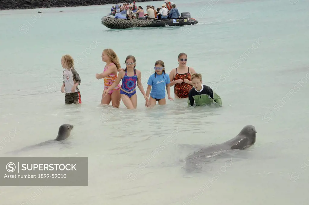 Ecuador, Galapagos Islands, Zodiac Boat, Beach, Children, Sea Lions