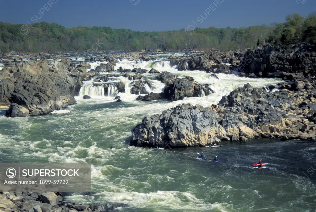 Virginia, Great Falls, Potomac River. Kayakers In River