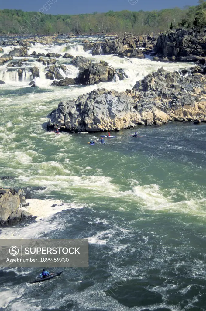 Virginia, Great Falls, Potomac River. Kayakers In River