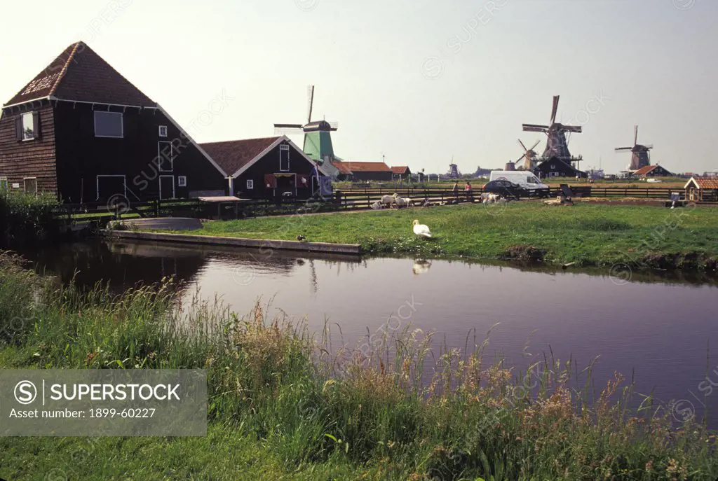 Netherlands. Zaandam. Zaanse Schans. Canal. Windmills.