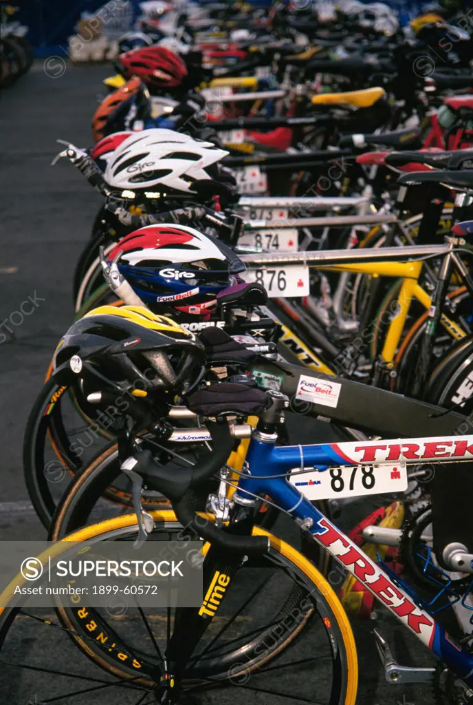 Bicycles Ready In The Transition Area During The 2001 Ironman World Championship Triathlon. Kona, Hawaii.