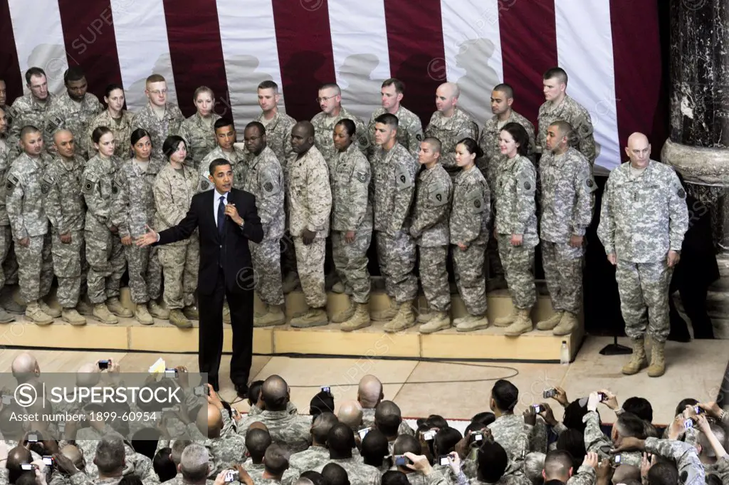 U.S. President Barack Obama Speaks To U.S. Soldiers, Sailors, Airmen, Marines And Civilians Assigned To Multi-National Corps - Iraq, At The Faw Palace At Camp Victory, Baghdad, Iraq, April 7, 2009.