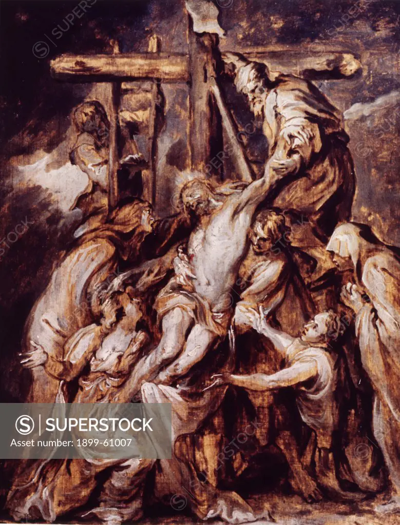 The Crucifixion, 17Th Century Oil Painting By Unknown Flemish Artist. Jesus Being Lowered From The Cross.
