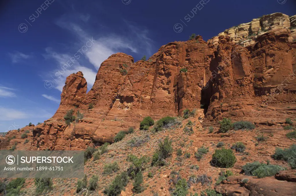 Arizona, Sedona. Rock Wall Formation In Desert Landscape.