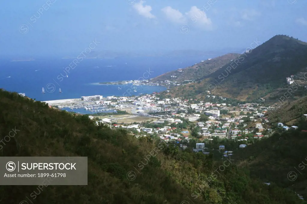 British Virgin Islands, Tortola, View Of Town: Houses, Hills, Ocean
