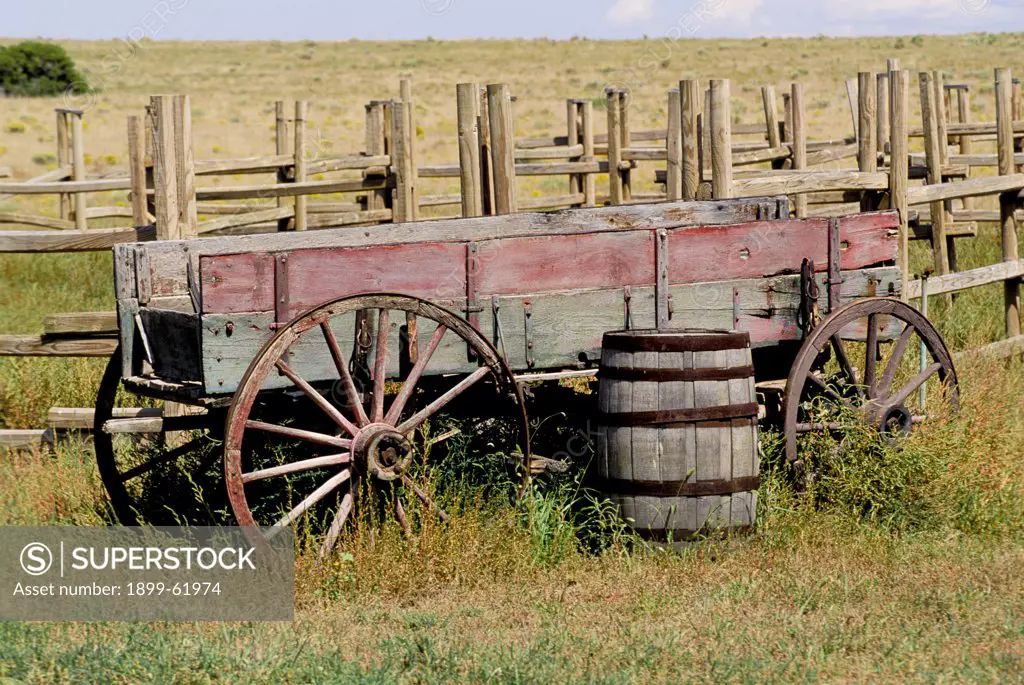 New Mexico. Santa Fe. Hughes Movie Ranch. Wooden Wagon And Barrel