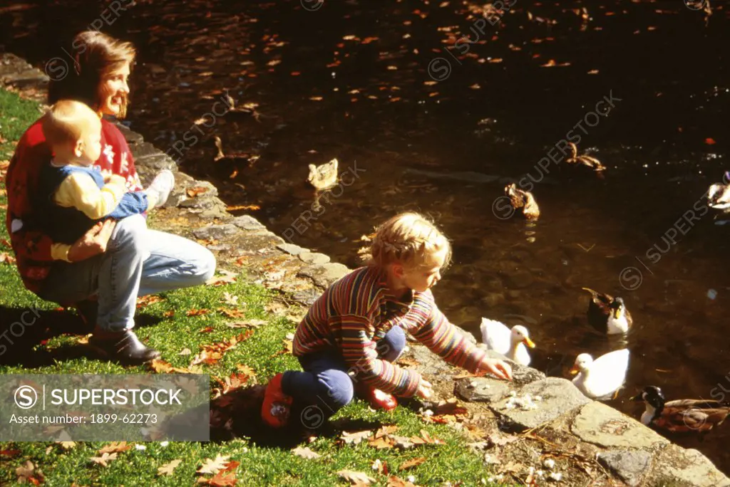 Mother With Young Daughter And Baby Girl Feeding Ducks, Autumn