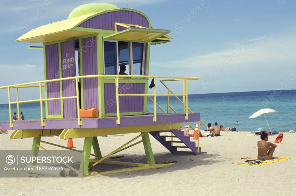 Florida, Miami Beach. Colorfully Painted Lifeguard Stand.