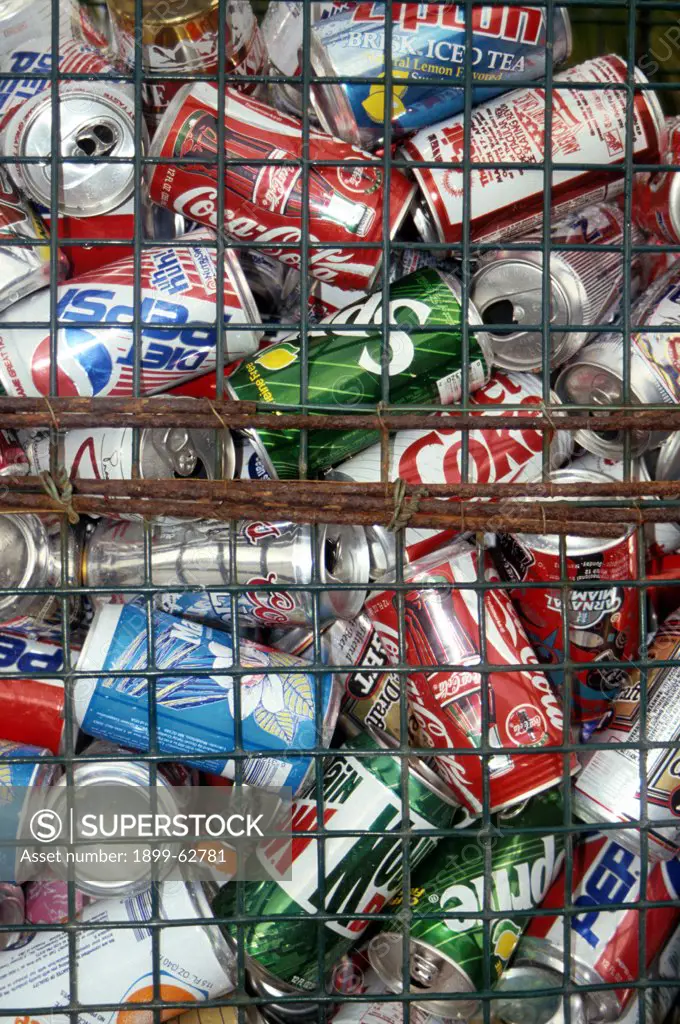 Aluminum Cans In Recycling Bin.