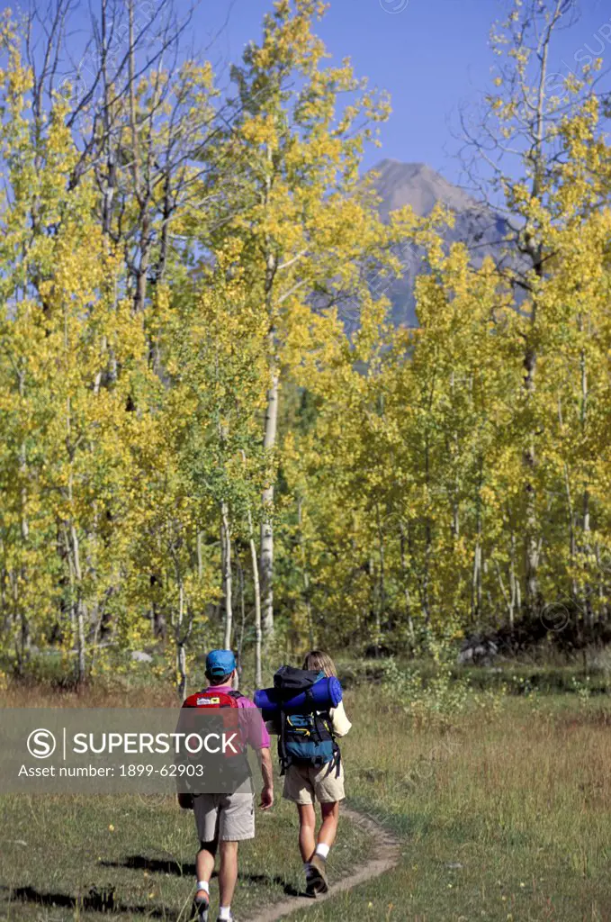 Colorado, Near Crested Butte. Man And Woman Hiking With Backpacks In Fall.