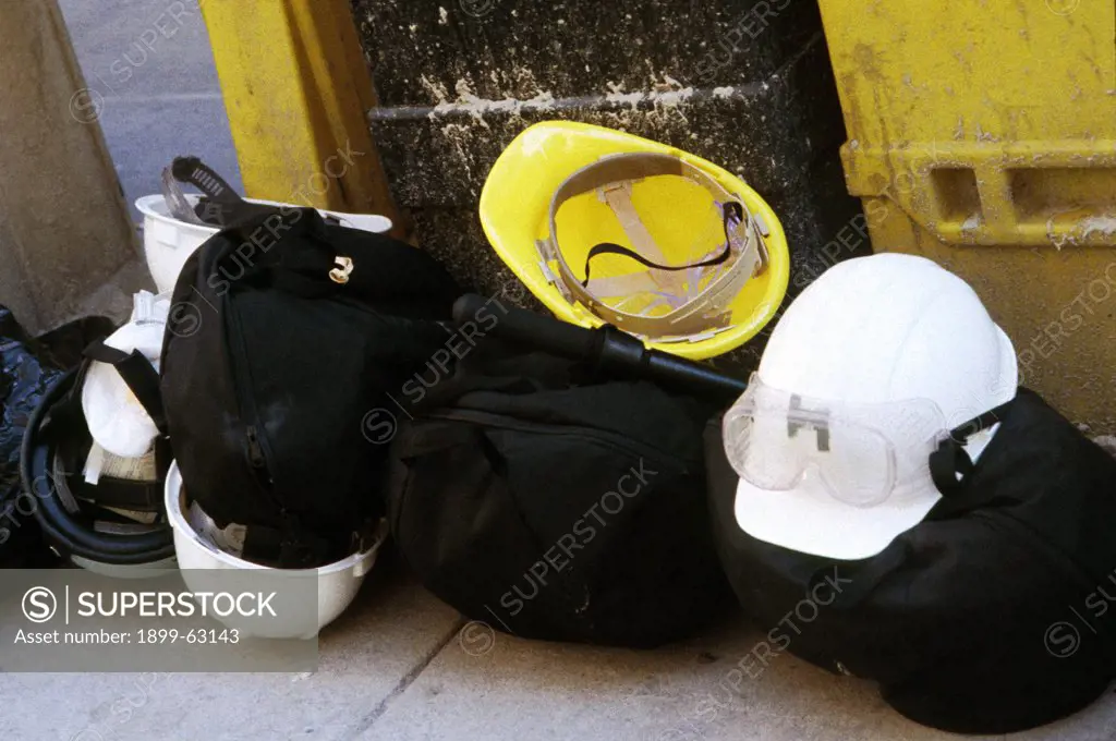 New York City, 9/11/2001. Hard Hats And Equipment Used By Recovery Worked Following World Trade Center Attack