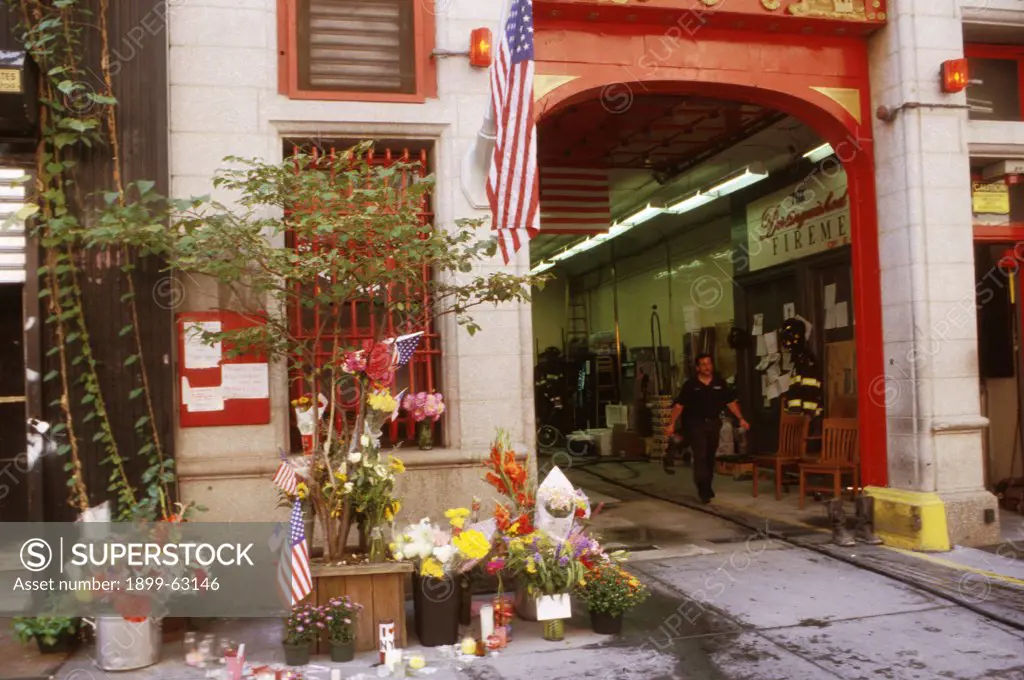 New York City, 9/11/2001. Memorials Placed At Fire Station #14 Following World Trade Center Attack