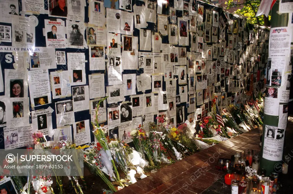 New York City, 9/11/2001. Bellevue Hospital Wall Of Sorrow. Memorial And Photos Of Victims Of World Trade Center Attack
