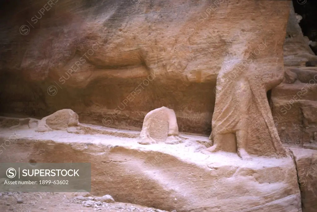 Jordan, Petra, Siq Gorge. Sculpture Fragment Depicting A Man Leading His Camel Caravan, Unearthed In 1997.