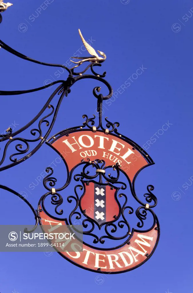 Belgium, Brugge. Spiegelrei. Sign For Hotel Amsterdam