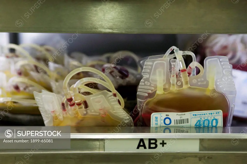 Close up of blood bags containing type AB+ (Positive) blood