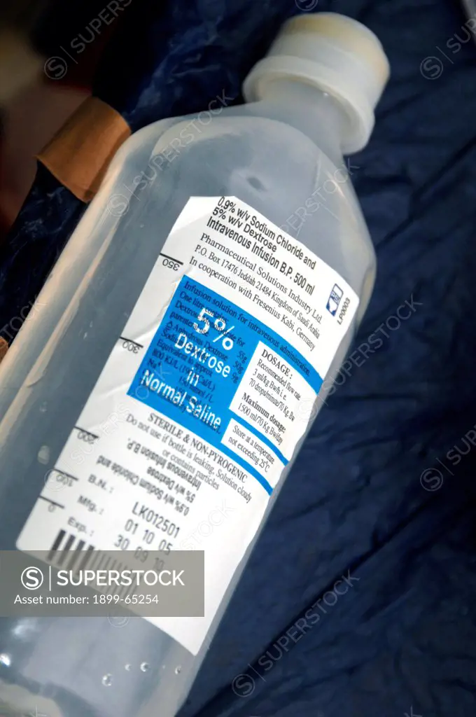 Bottle of 5% Dextrose in normal Saline. Sudan, Africa.