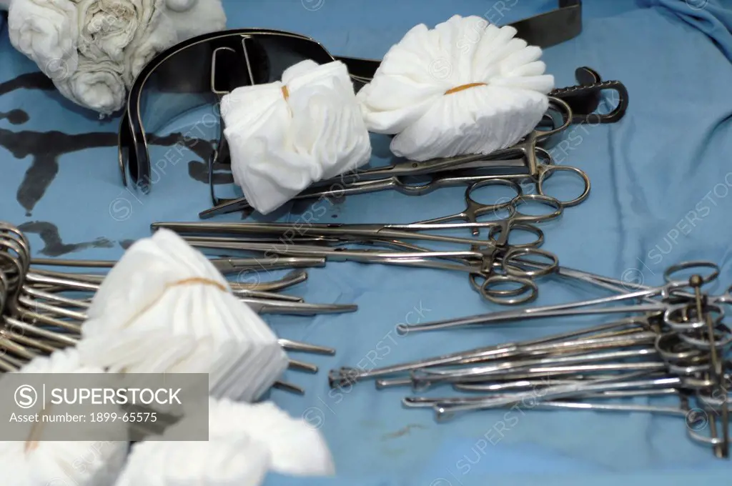A tray of sterile surgical equipment