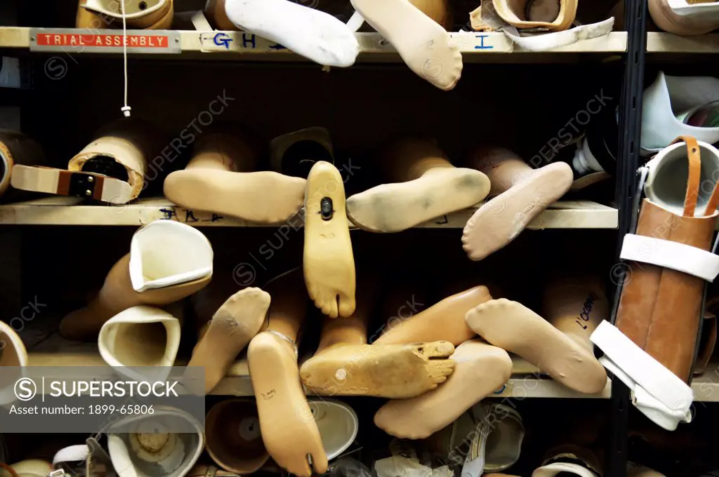 Rows of prosthetic feet,