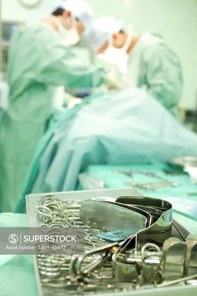 Tray of surgical equipment used during open gastrostomy,