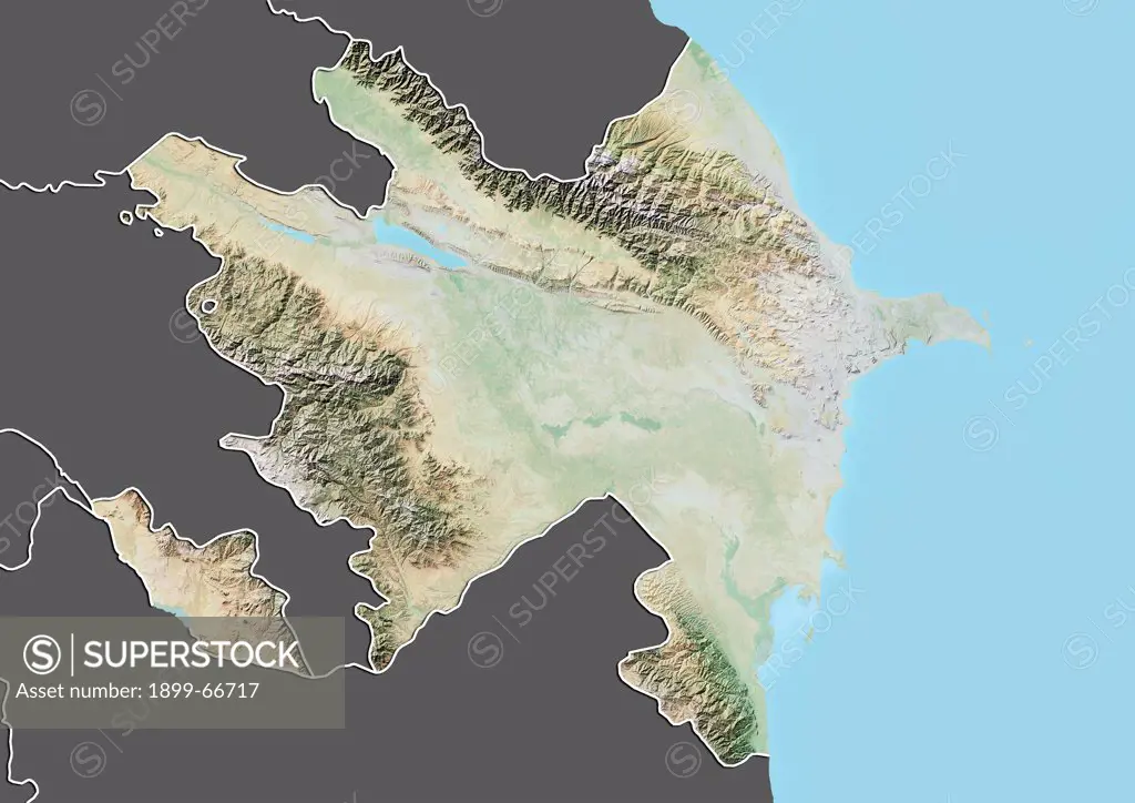 Relief map of Azerbaijan (with border and mask). This image was compiled from data acquired by landsat 5 & 7 satellites combined with elevation data.