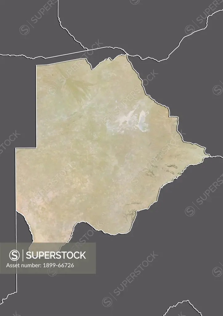 Relief map of Botswana (with border and mask). This image was compiled from data acquired by landsat 5 & 7 satellites combined with elevation data.