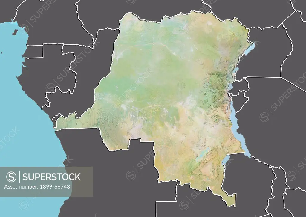 Relief map of Democratic Republic of Congo (with border and mask). This image was compiled from data acquired by landsat 5 & 7 satellites combined with elevation data.