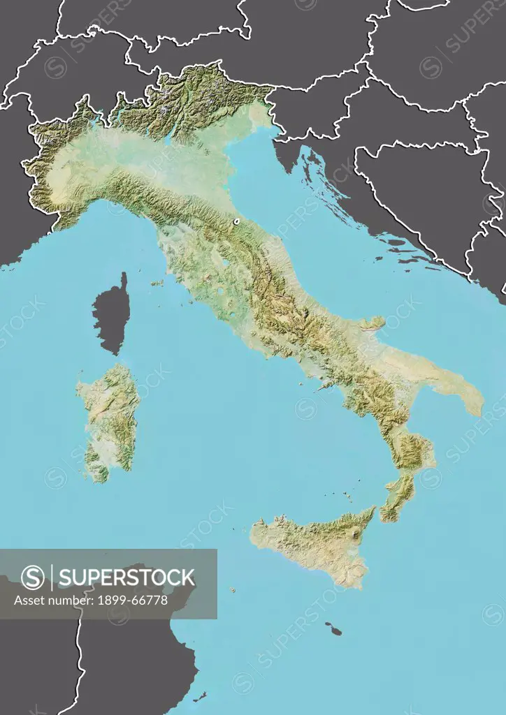 Relief map of Italy (with border and mask). This image was compiled from data acquired by landsat 5 & 7 satellites combined with elevation data.