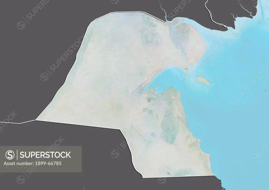 Relief map of Kuwait (with border and mask). This image was compiled from data acquired by landsat 5 & 7 satellites combined with elevation data.