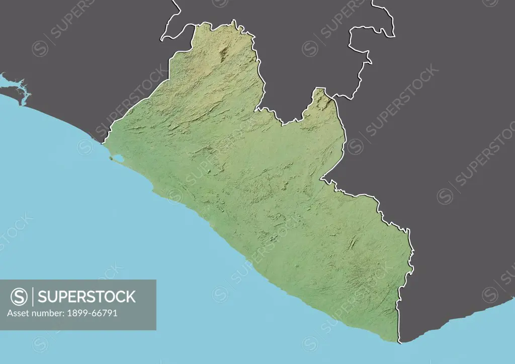 Relief map of Liberia (with border and mask). This image was compiled from data acquired by landsat 5 & 7 satellites combined with elevation data.