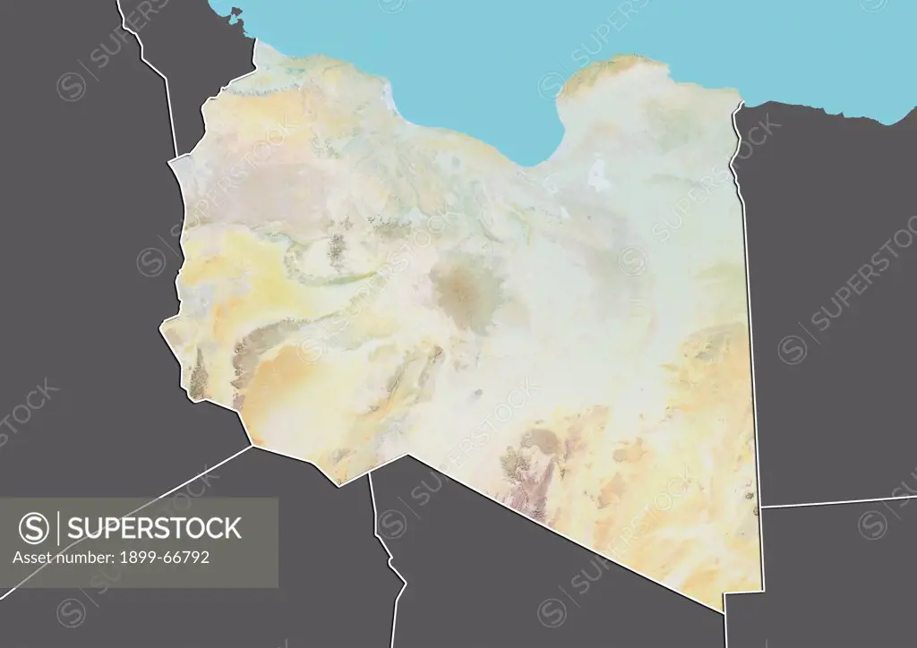 Relief map of Libya (with border and mask). This image was compiled from data acquired by landsat 5 & 7 satellites combined with elevation data.