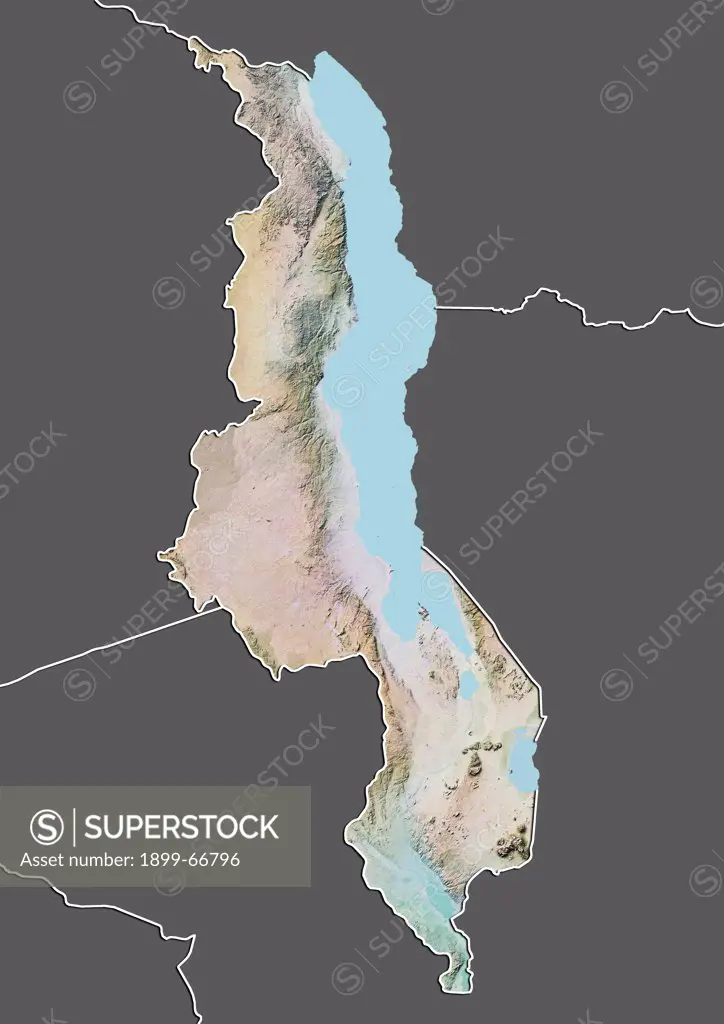 Relief map of Malawi (with border and mask). This image was compiled from data acquired by landsat 5 & 7 satellites combined with elevation data.