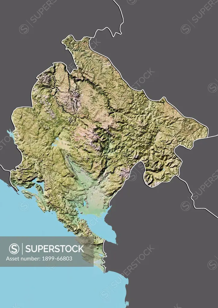 Relief map of Montenegro (with border and mask). This image was compiled from data acquired by landsat 5 & 7 satellites combined with elevation data.
