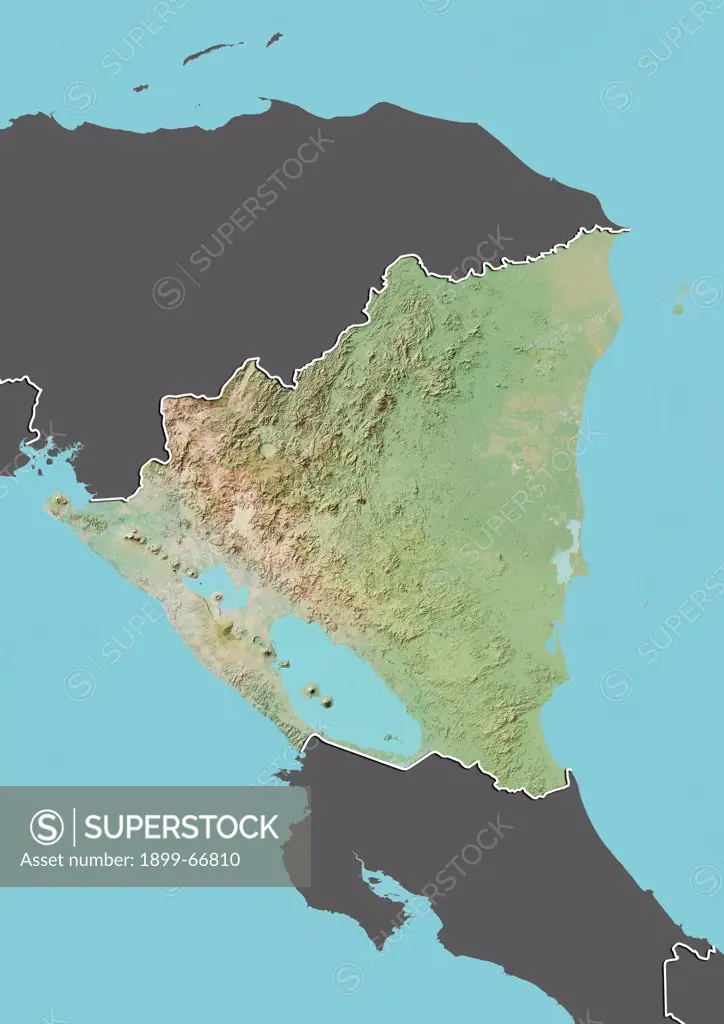 Relief map of Nicaragua (with border and mask). This image was compiled from data acquired by landsat 5 & 7 satellites combined with elevation data.