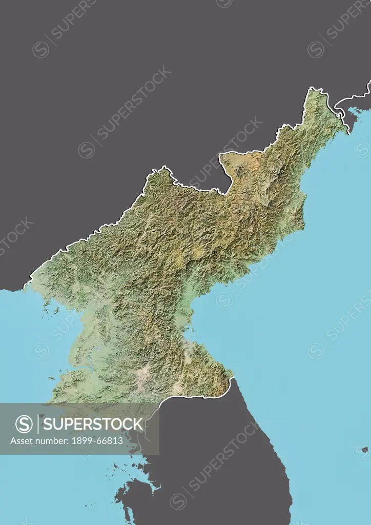 Relief map of North Korea (with border and mask). This image was compiled from data acquired by landsat 5 & 7 satellites combined with elevation data.