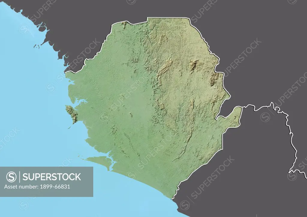 Relief map of Sierra Leone (with border and mask). This image was compiled from data acquired by landsat 5 & 7 satellites combined with elevation data.