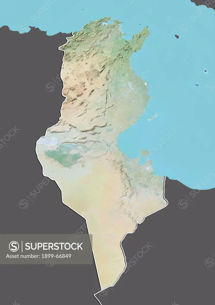 Relief map of Tunisia (with border and mask). This image was compiled from data acquired by landsat 5 & 7 satellites combined with elevation data.